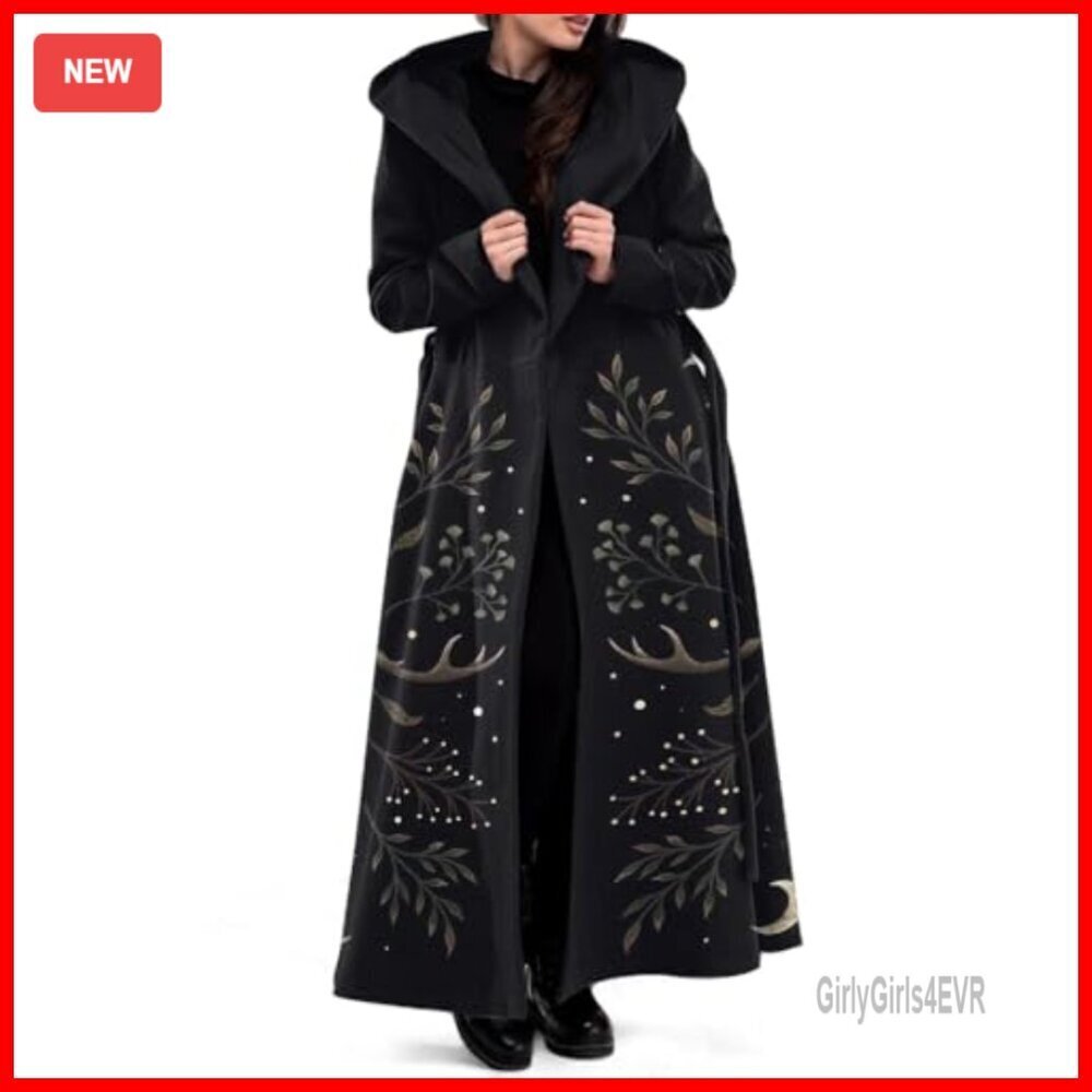 Long Fleece Trench Coat with Hood Belted Peacoat Winter Gothic Style - Picture 2 of 7